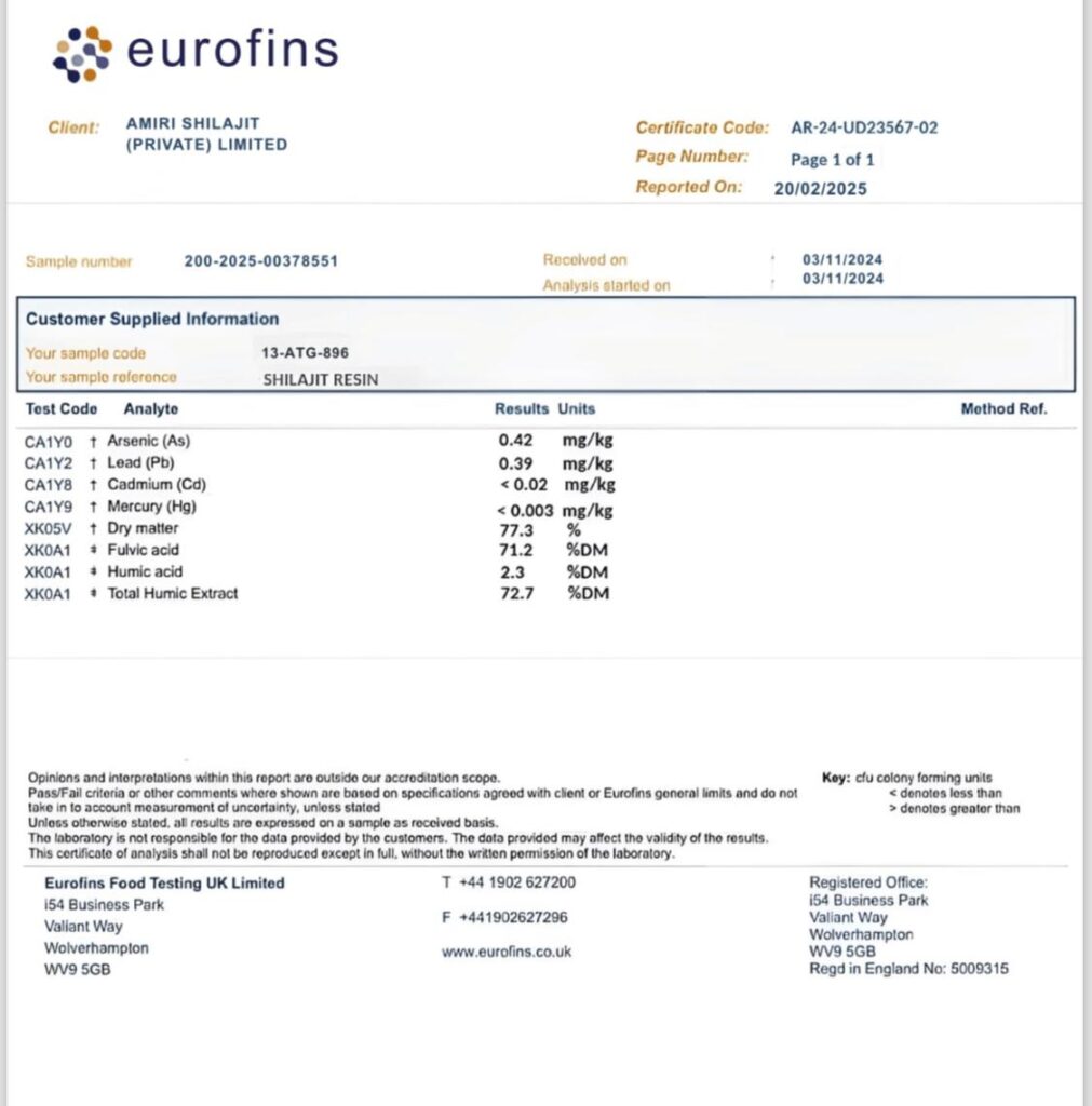 Amiri Shilajit Lab Certificate