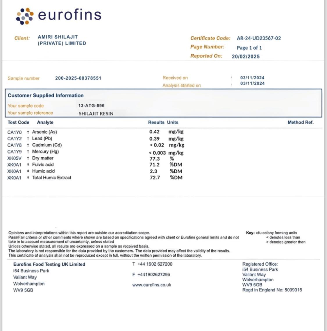 Amiri Shilajit Lab Certificate